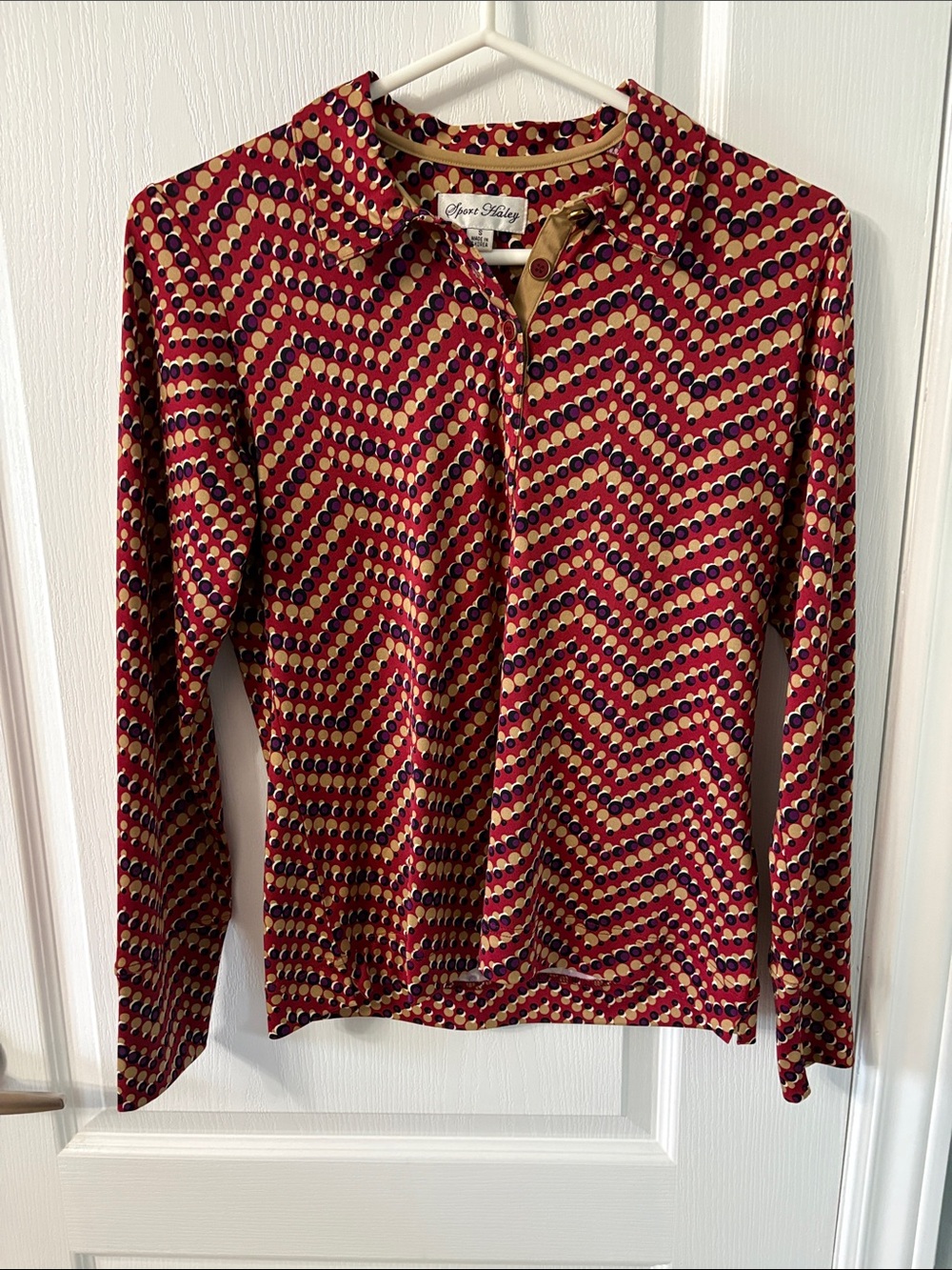 Sport Haley Burgundy, Gold and Navy Zigzag Dot Long-Sleeve Polo